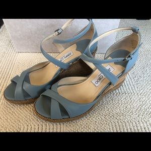 Jimmy Choo Alana’s 80 Napa Braid trim WEDGES. Aqua